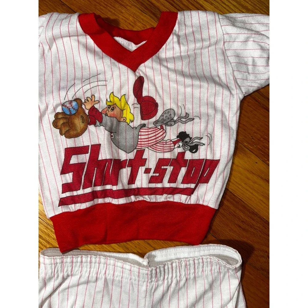 Vintage 80s Trevira Baseball Short-stop Pinstripe Kids Set White Red Size 4‎
